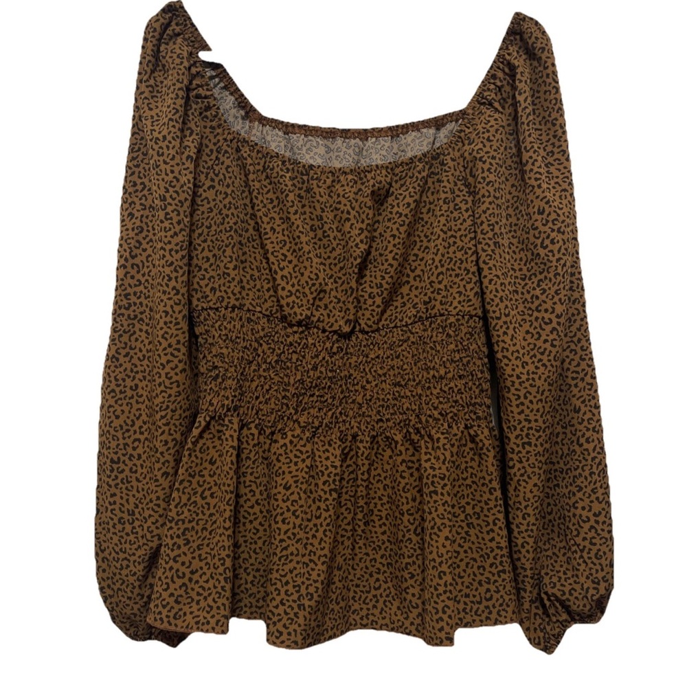 Leopard Print Smocked Brown Top Size 1XL